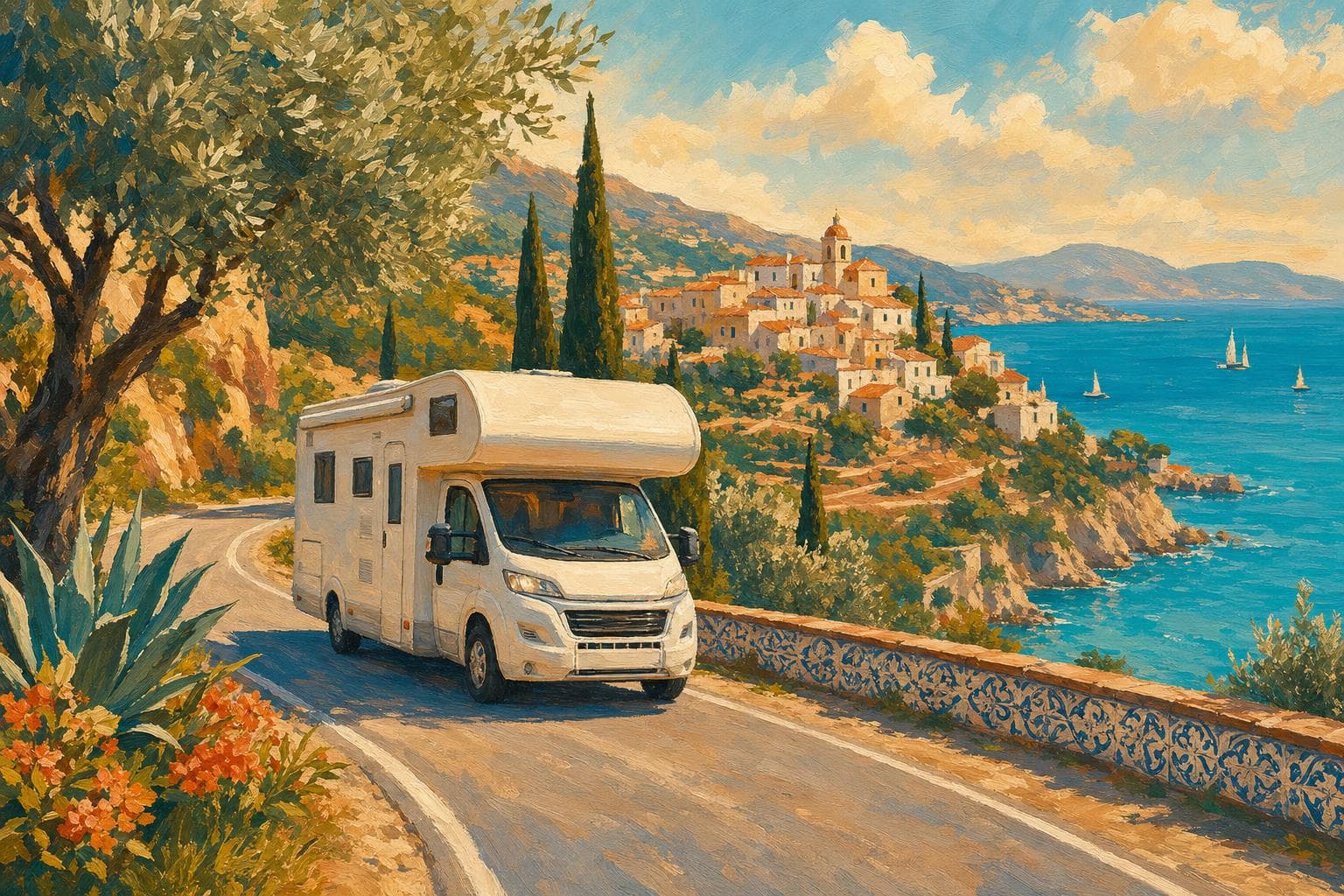 Illustration gouache : camping-car sur une route côtière méditerranéenne