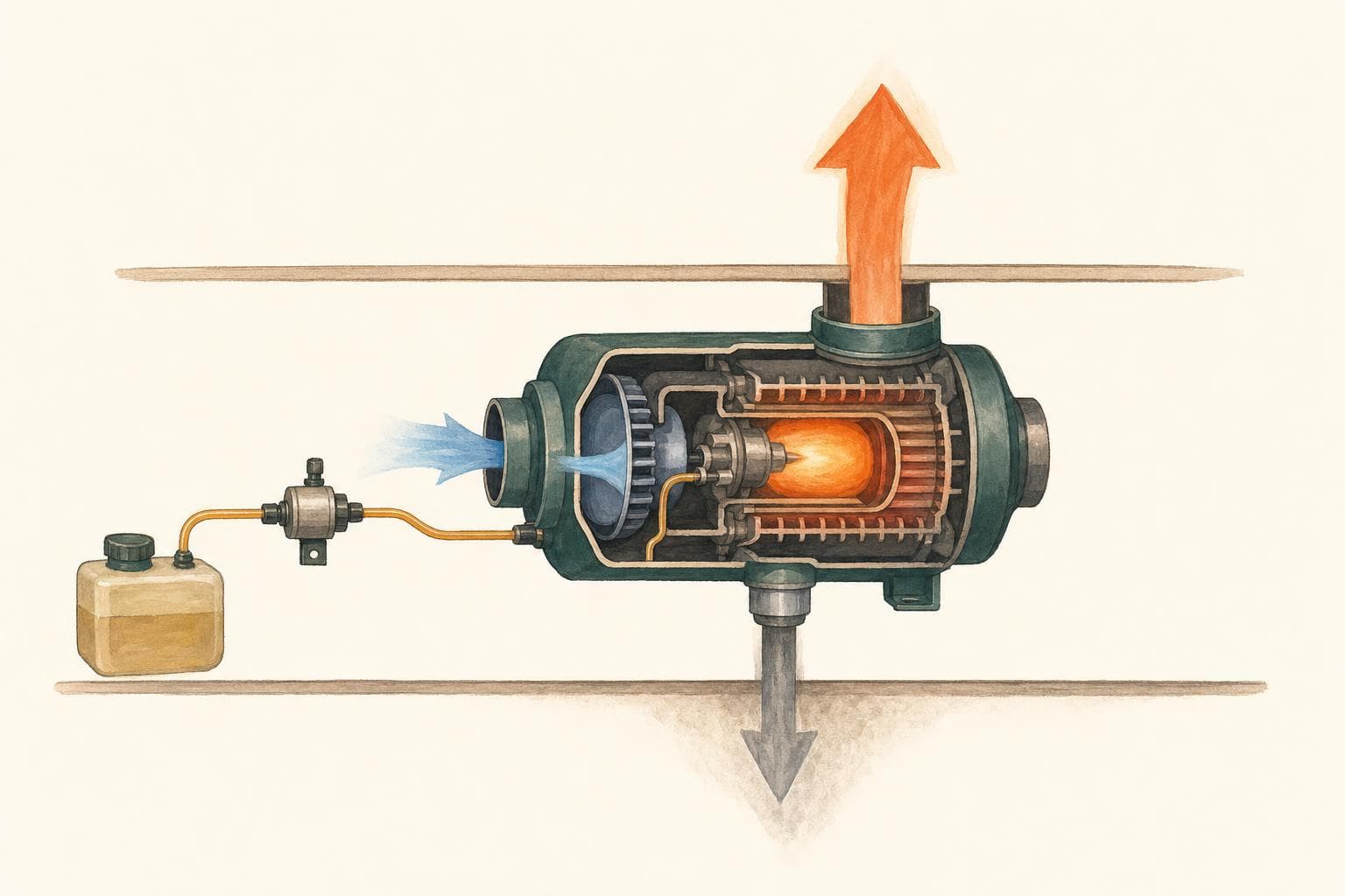Schéma en coupe d’un chauffage gasoil de camping-car : une flèche ambre de gasoil arrive du réservoir via la pompe doseuse, une flèche bleue d’air froid entre dans l’appareil, une flèche orange d’air chaud est soufflée vers l’habitacle, une flèche grise de gaz d’échappement est évacuée sous le véhicule