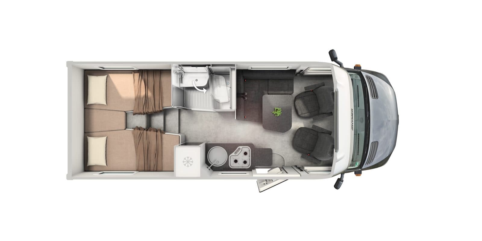 Vue de dessus de l’implantation du Hymer ML-T 570 : cabine Mercedes à l’avant, salon dînette avec sièges pivotants, cuisine et réfrigérateur, salle d’eau centrale et lits jumeaux à l’arrière