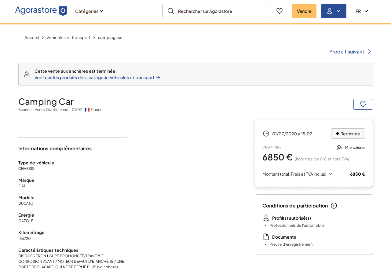 Fiche d’enchère Agorastore d’un camping-car Fiat Ducato adjugé 6 850 € en 14 enchères, avec défauts déclarés dont un défaut d’étanchéité