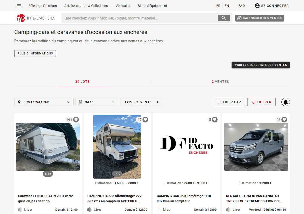 Page Interencheres listant 34 lots de camping-cars et caravanes aux enchères, avec des estimations basses (1 600 à 3 000 €)