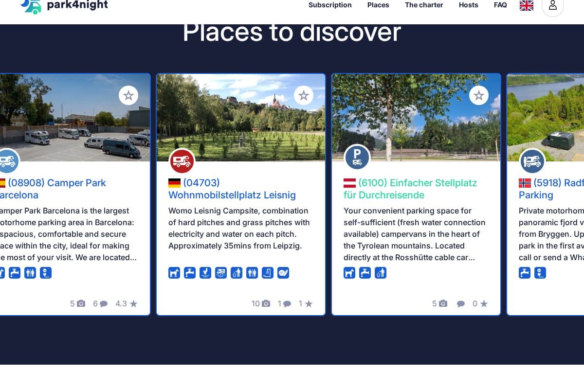 Interface web de Park4night affichant des fiches de lieux avec photos, icônes de services, nombre de photos et notes des camping-caristes