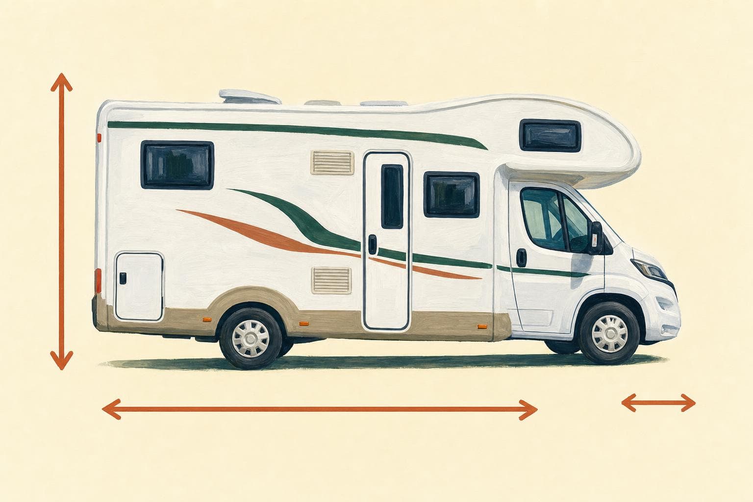 Illustration gouache d’un camping-car capucine vu de profil, avec des flèches de mesure indiquant sa hauteur, sa longueur et sa largeur, sans aucun chiffre