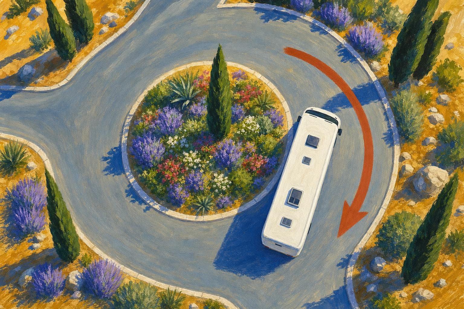 Schéma gouache vu de dessus d’un camping-car dans un rond-point : une flèche courbe montre l’arrière du véhicule qui déborde vers l’extérieur du virage
