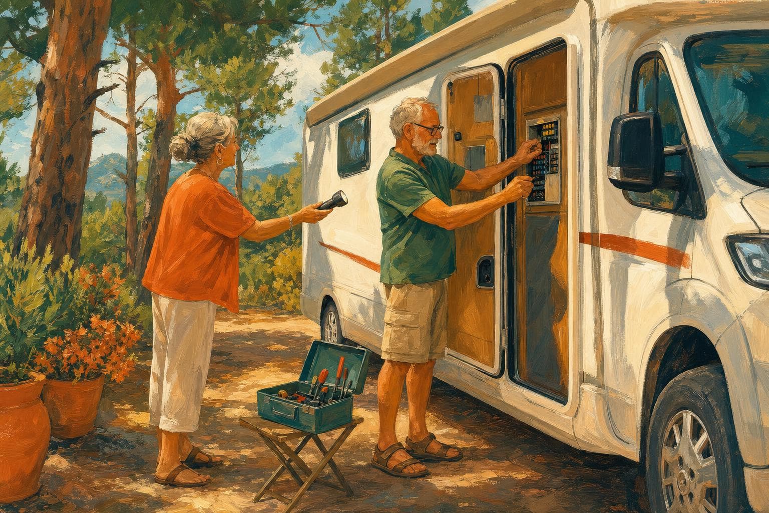 Camping-cariste senior calme ouvrant le panneau de fusibles de son camping-car capucine blanc au soleil, une petite caisse à outils ouverte à côté, sa compagne lui tendant une lampe