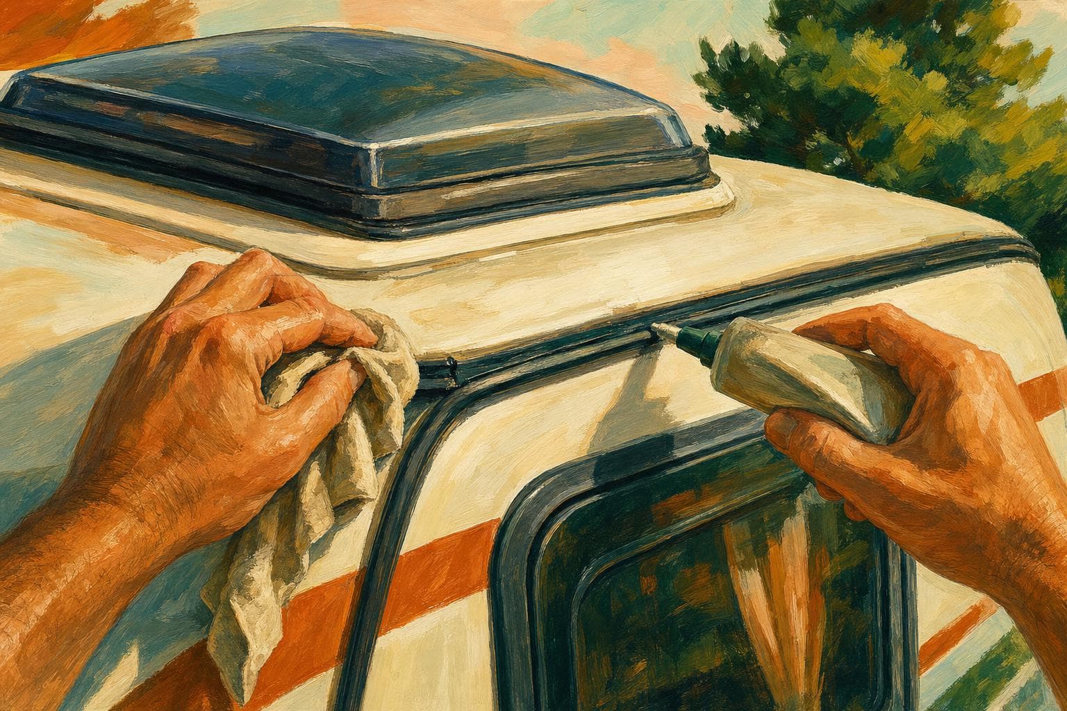 Mains inspectant et nettoyant le joint d’étanchéité autour d’un lanterneau de toit sur la carrosserie blanche d’un camping-car, avec un chiffon et un tube de mastic