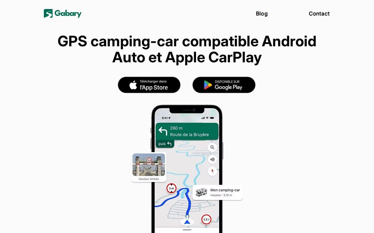 Page d’accueil du site de l’application GPS française Gabary, présentant la navigation adaptée au gabarit du camping-car