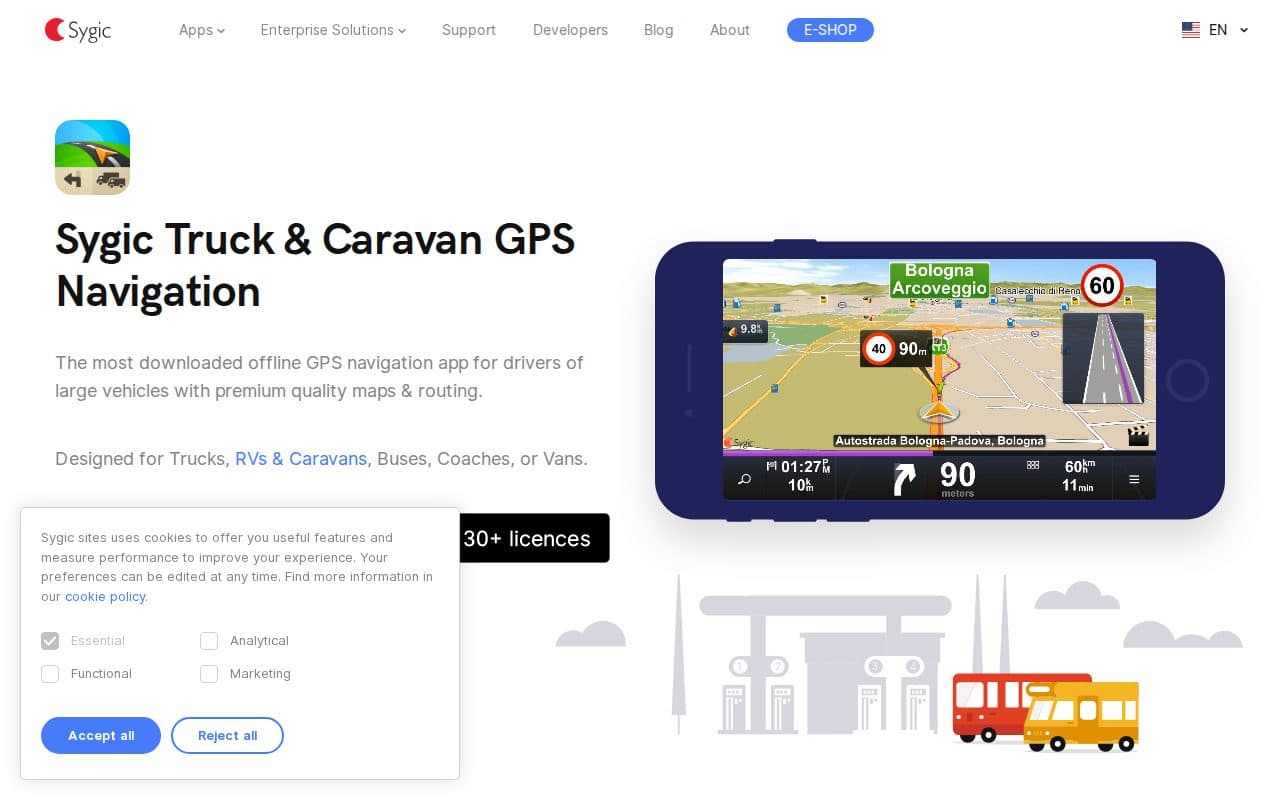 Page de présentation de Sygic Truck and Caravan Navigation, application GPS gérant les dimensions et le poids des grands véhicules