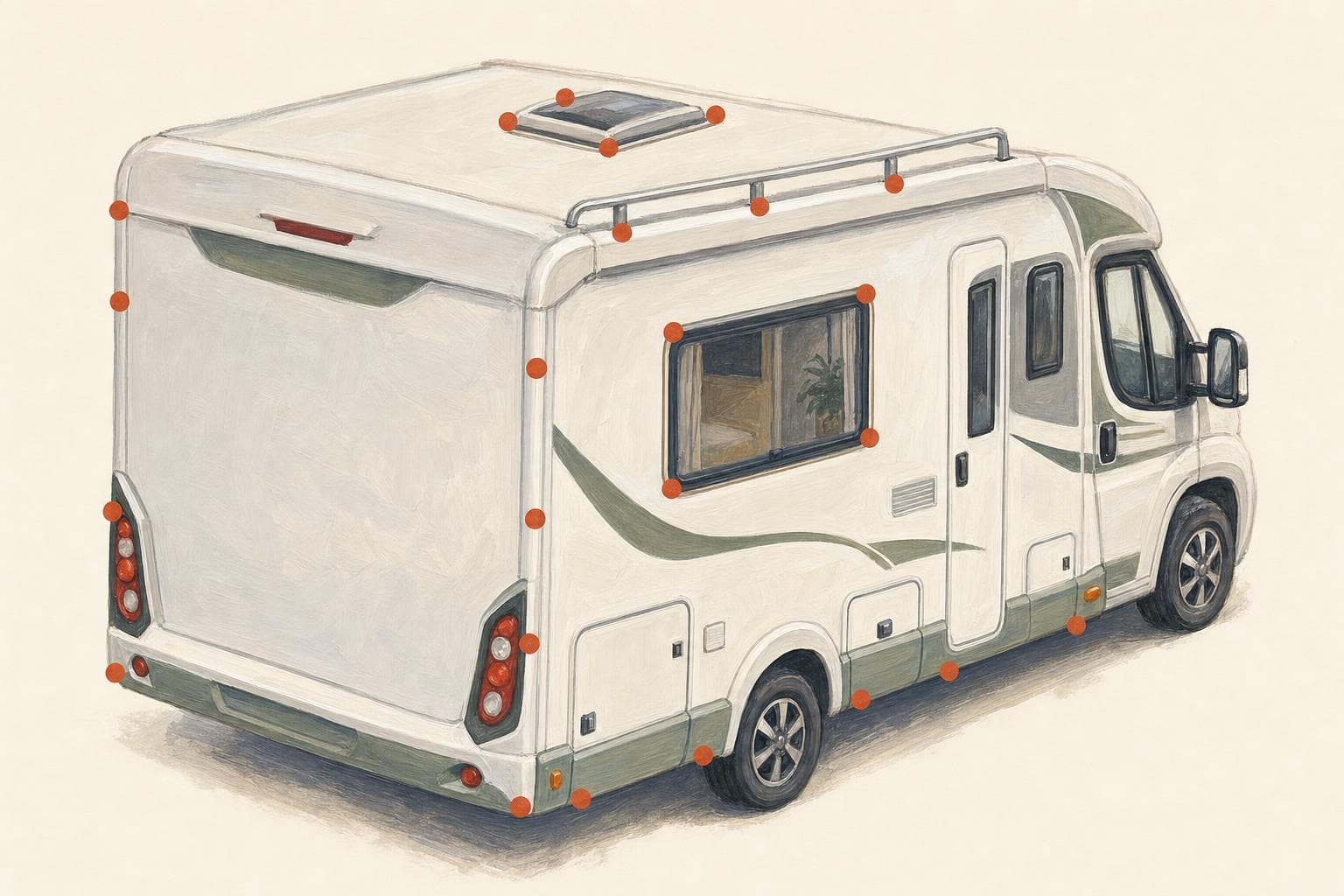 Vue arrière peinte d’un camping-car intégral blanc avec des pastilles terracotta marquant les points sensibles à l’étanchéité : lanterneau de toit, contour de baie, fixations de galerie, jupe basse, feux arrière, jonctions de panneaux