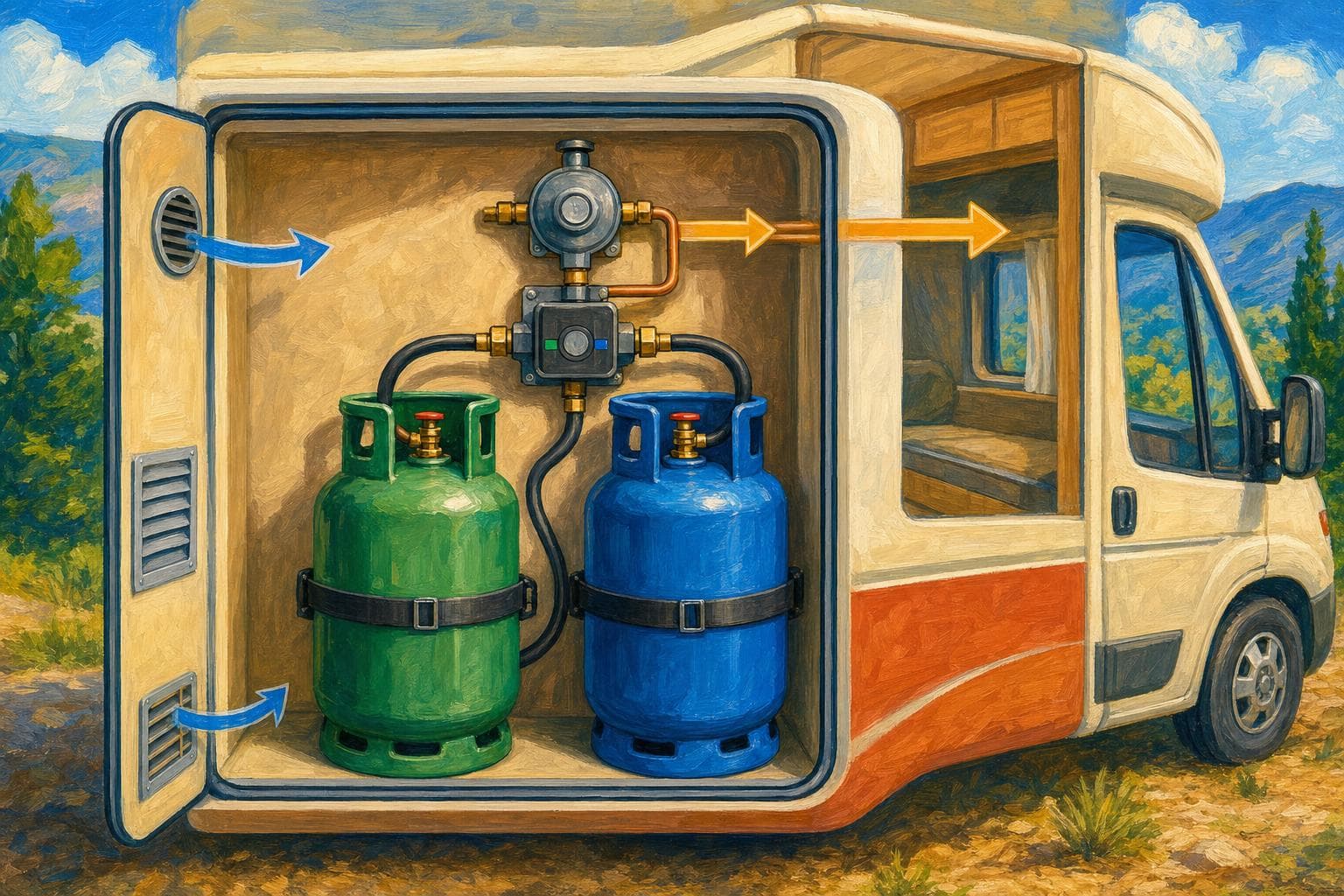 Schéma gouache en coupe d’une soute à gaz de camping-car : deux bouteilles (propane verte, butane bleue) reliées par des lyres à un inverseur automatique et un détendeur, le gaz circulant vers la cellule