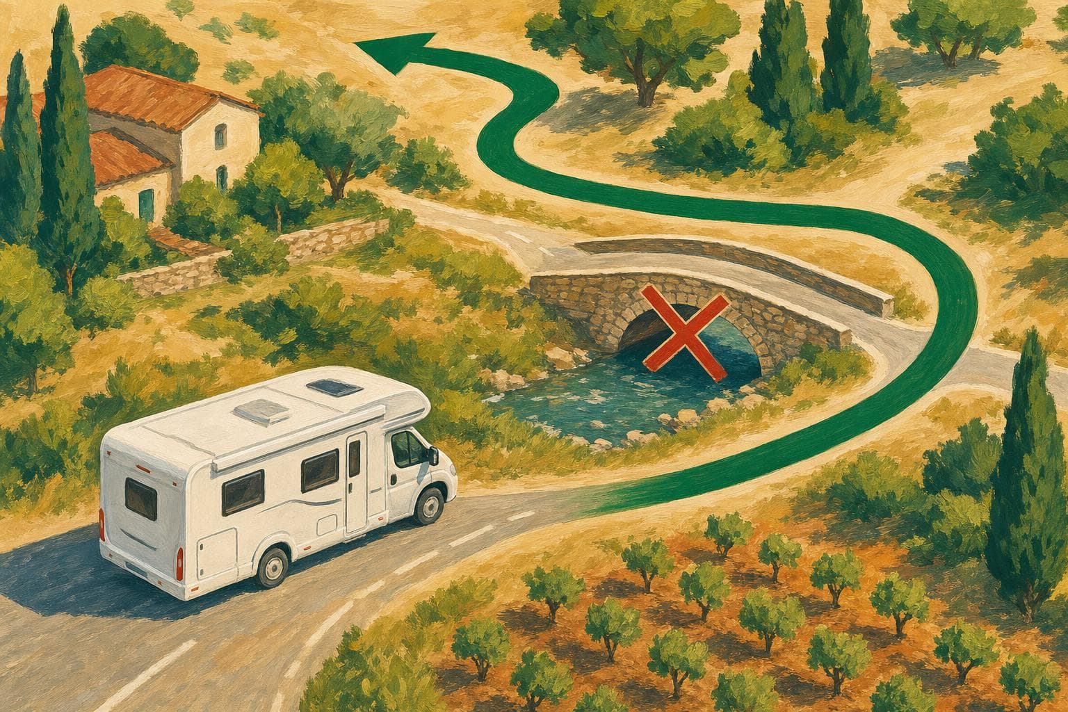 Illustration gouache : un camping-car suit une route de campagne tandis qu’un itinéraire alternatif évite un pont bas signalé en rouge, symbolisant un GPS qui tient compte de la hauteur