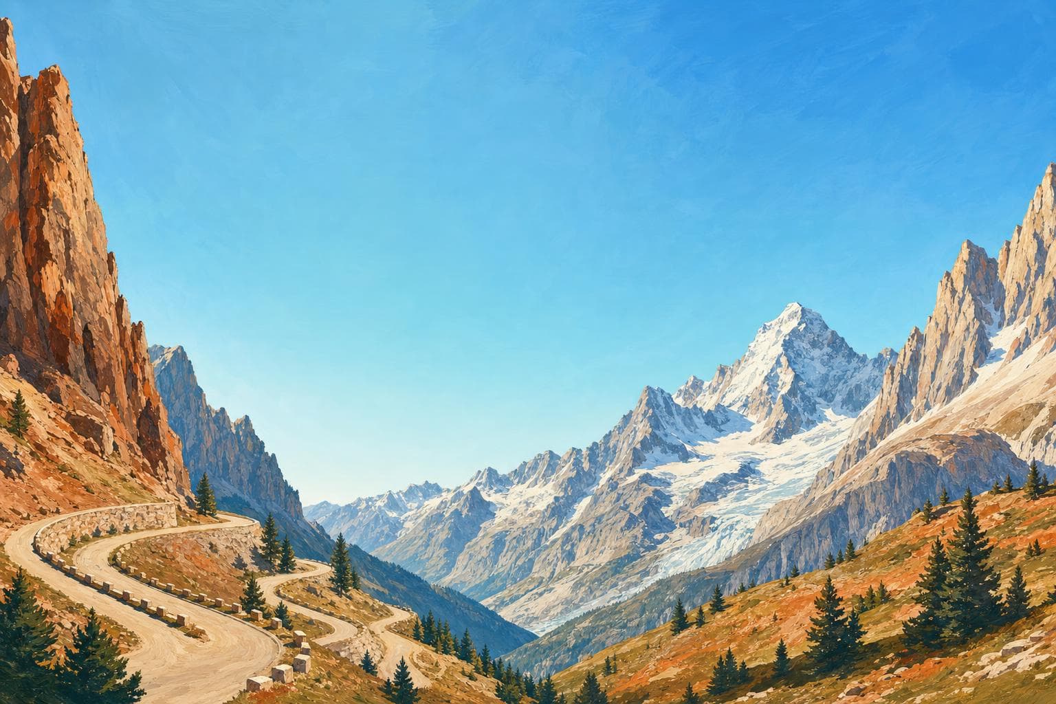 Paysage d’un grand col alpin désert peint à la gouache : route de montagne serpentant entre des pentes rocailleuses et des sommets sous un ciel clair