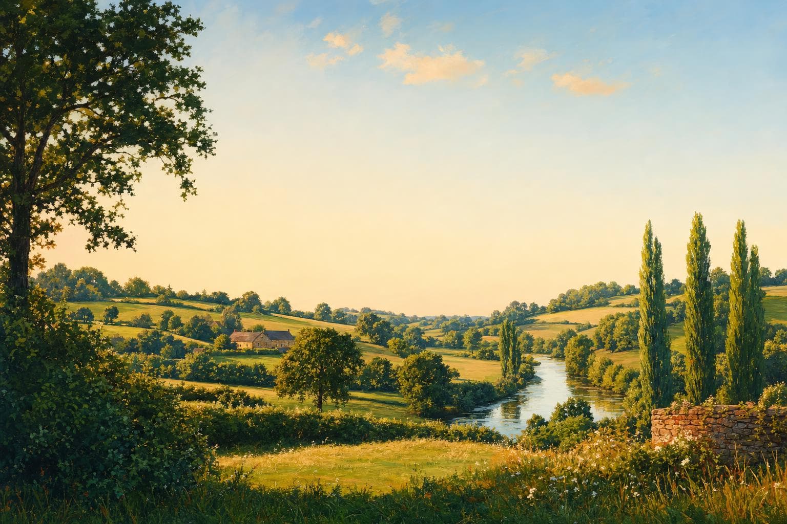 Paysage du bocage mayennais peint à la gouache : haies, chênes, prés vallonnés et rivière bordée de peupliers dans la lumière dorée