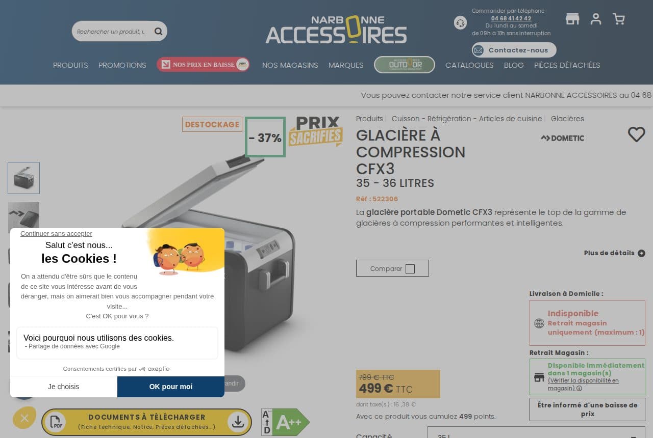 Fiche produit de la glacière à compression Dometic CFX3 35 chez un distributeur spécialisé, affichée à 499 € TTC