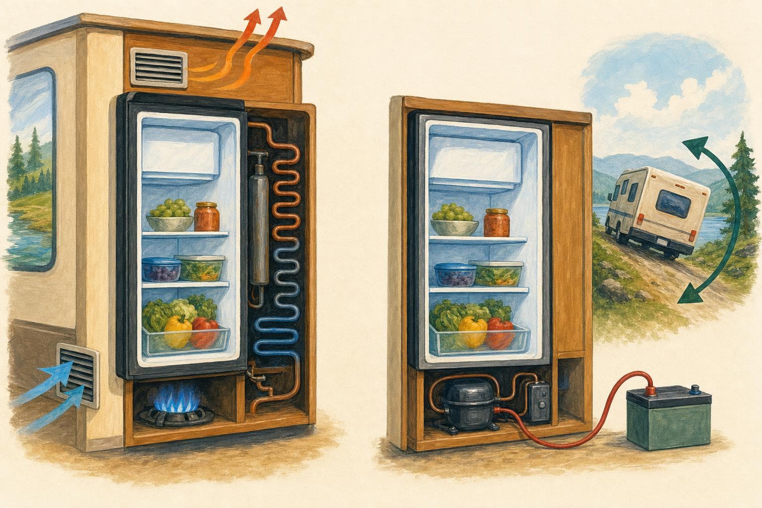 Schéma peint comparant un frigo à absorption (petite flamme gaz, grilles d’aération et flèches d’air chaud/froid) et un frigo à compression (compresseur relié à une batterie 12 V, insensible à l’inclinaison)