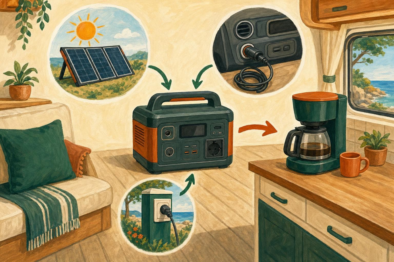 Schéma peint : une station électrique portable rechargée par trois sources — un panneau solaire, la prise 12 V du tableau de bord, et une borne 230 V — et alimentant une cafetière