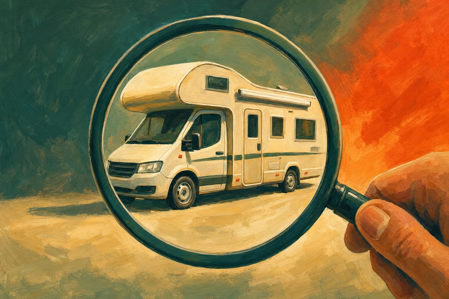 Illustration gouache : une grande loupe examine un petit camping-car, évoquant la vérification d’une annonce trop belle
