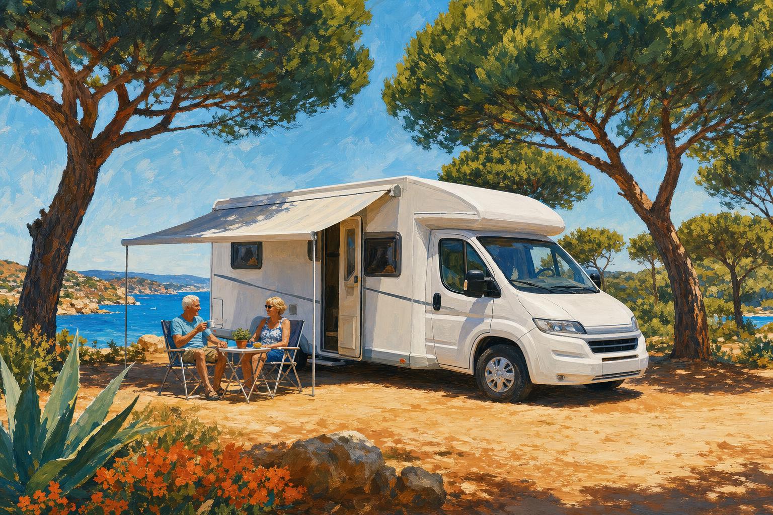 Camping-car profilé blanc peint à la gouache, compact, stationné au soleil au bord de la mer parmi des pins parasols, auvent ouvert et transats installés