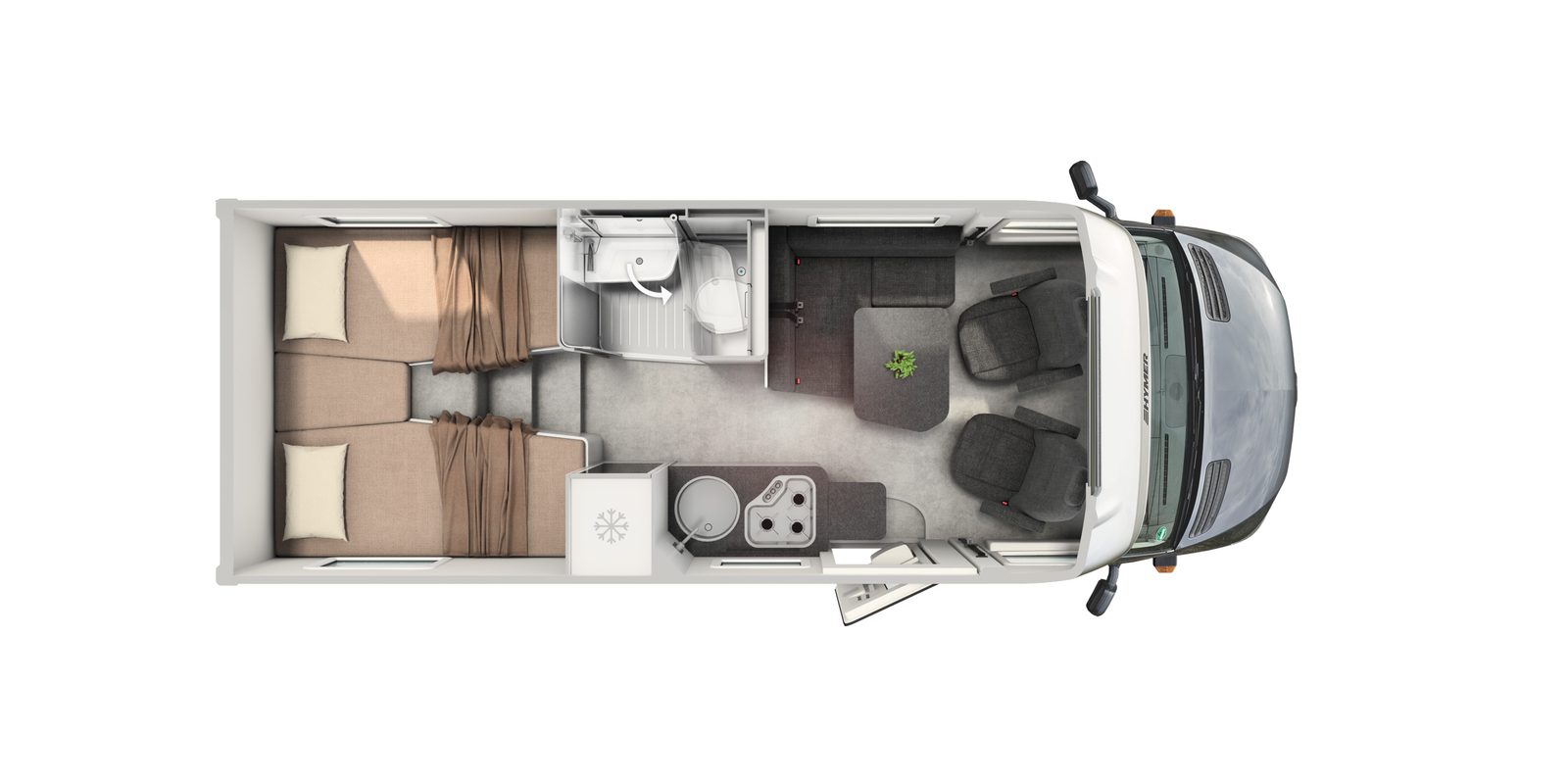 Vue de dessus de l’implantation du Hymer ML-T 570 : cabine Mercedes à l’avant, salon dînette avec sièges pivotants, cuisine et réfrigérateur, salle d’eau centrale et lits jumeaux à l’arrière