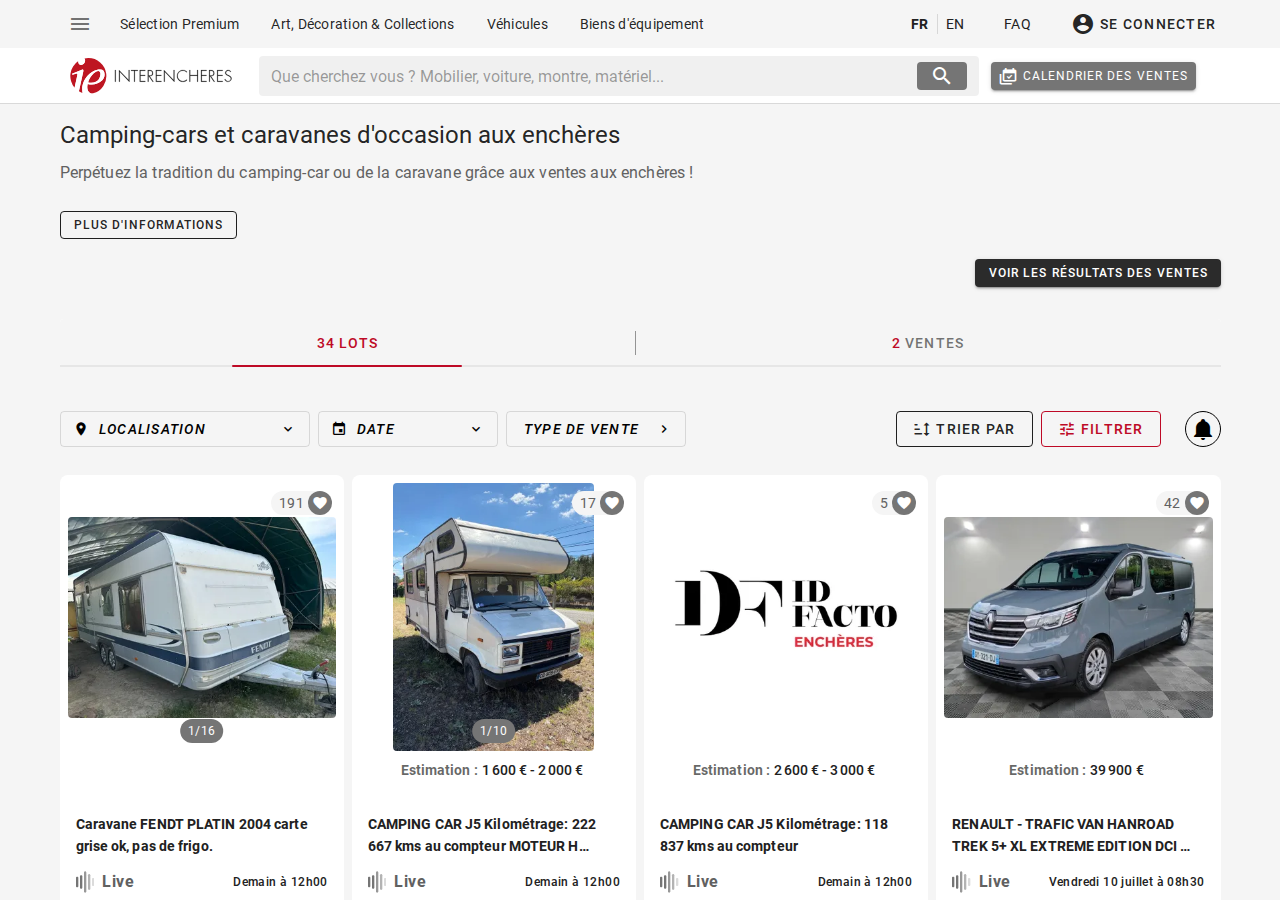 Page Interencheres listant 34 lots de camping-cars et caravanes aux enchères, avec des estimations basses (1 600 à 3 000 €)