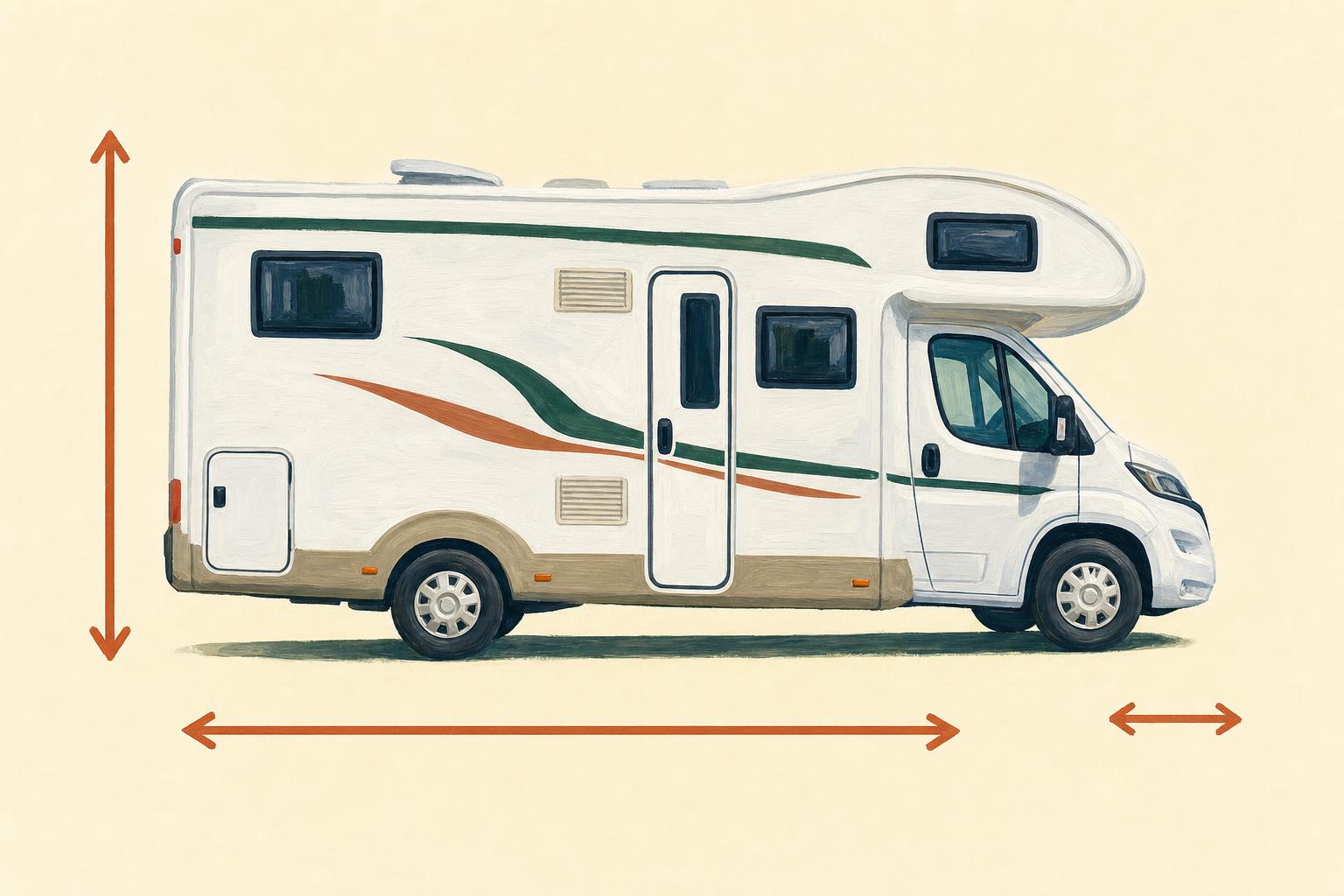 Illustration gouache d’un camping-car capucine vu de profil, avec des flèches de mesure indiquant sa hauteur, sa longueur et sa largeur, sans aucun chiffre