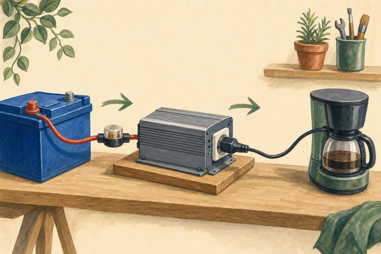 Schéma peint : une batterie 12 V reliée par un câble et un fusible à un convertisseur, qui alimente une prise 230 V branchée sur une cafetière