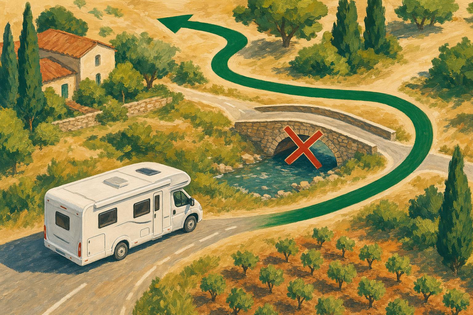Illustration gouache : un camping-car suit une route de campagne tandis qu’un itinéraire alternatif évite un pont bas signalé en rouge, symbolisant un GPS qui tient compte de la hauteur