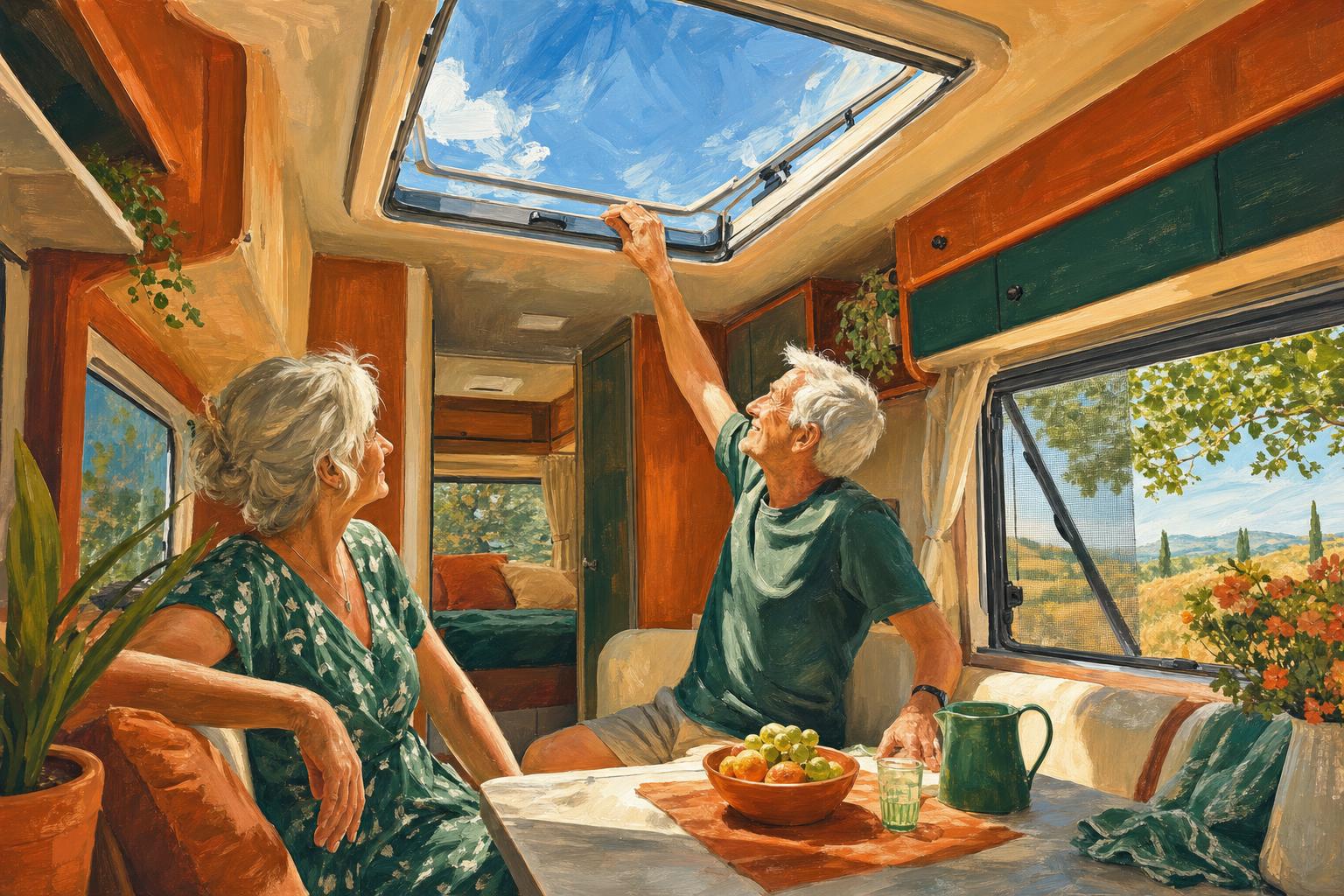 Intérieur ensoleillé d’un camping-car profilé vu de l’intérieur, avec un grand lanterneau panoramique ouvert laissant entrer la lumière et une fenêtre latérale entrouverte, un couple de seniors profitant de l’air frais à la dînette