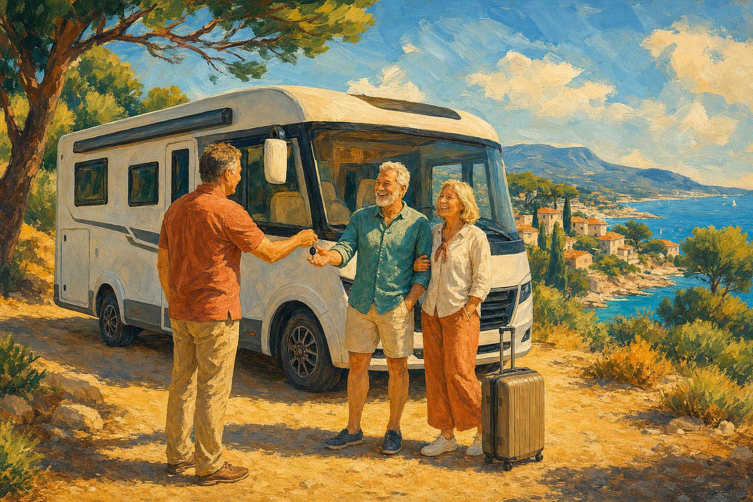 Un couple de camping-caristes seniors reçoit les clés d’un camping-car intégral au bord de la Méditerranée, prêt à partir