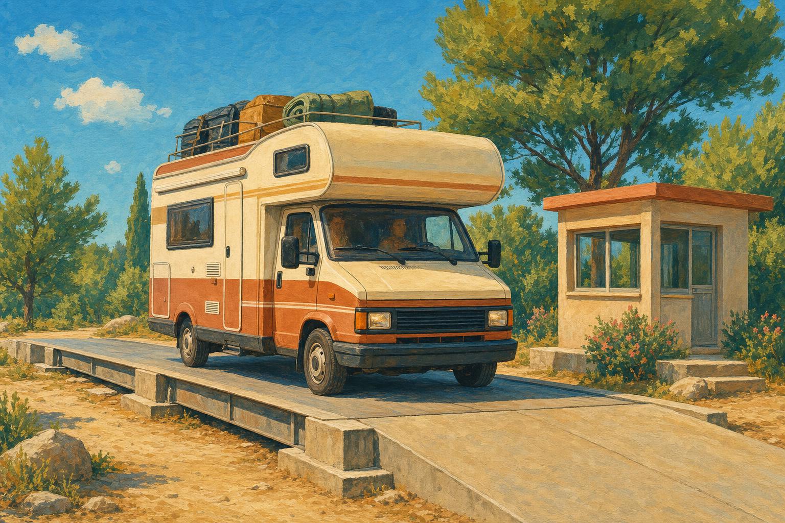 Un camping-car capucine chargé s’avance sur un pont-bascule public pour être pesé, à côté d’une petite cabine d’opérateur, illustration gouache