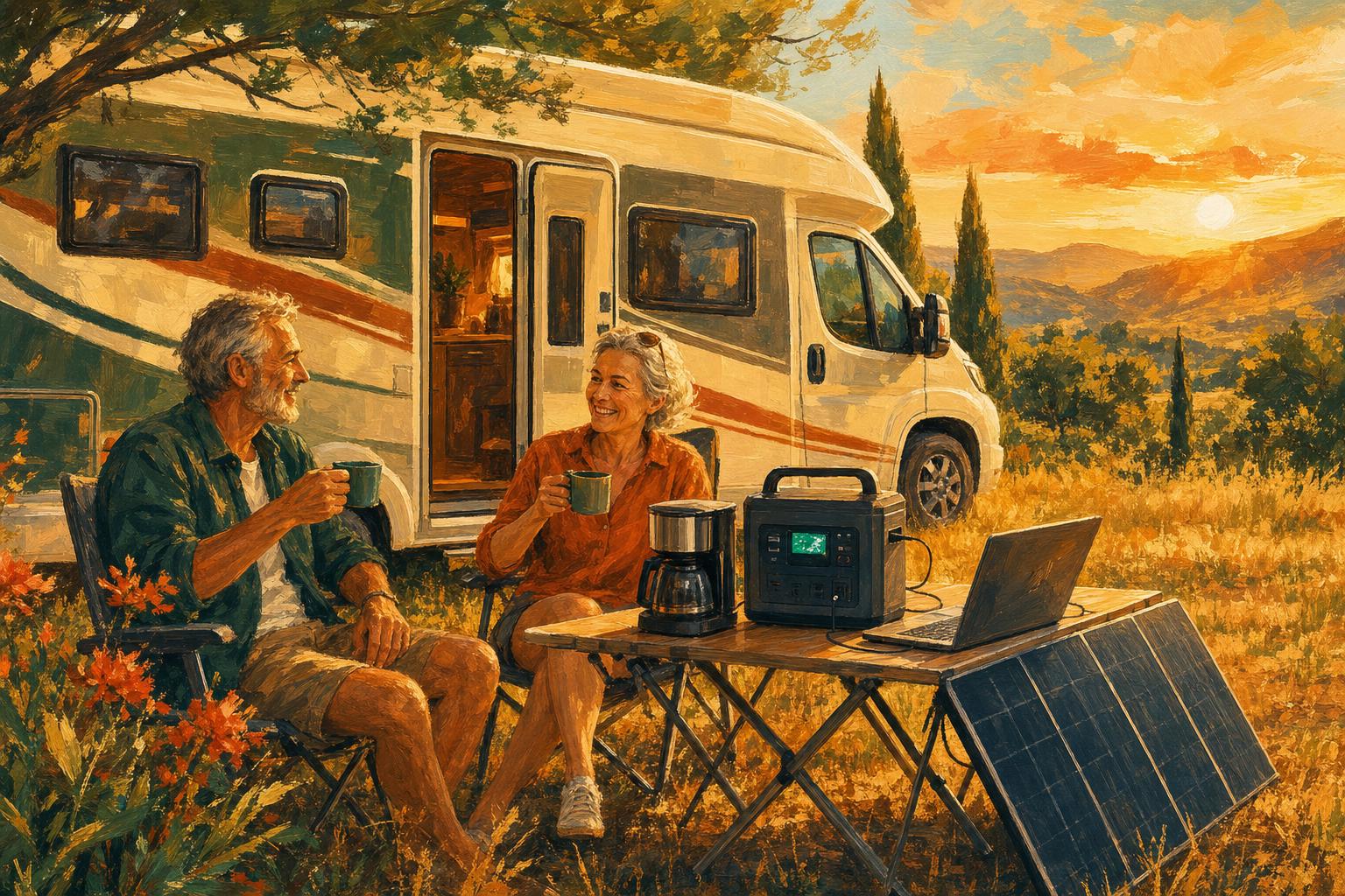 Camping-car intégral dans une prairie ensoleillée, une station électrique portable posée sur une table alimente une cafetière et un ordinateur, un panneau solaire portable capte le soleil