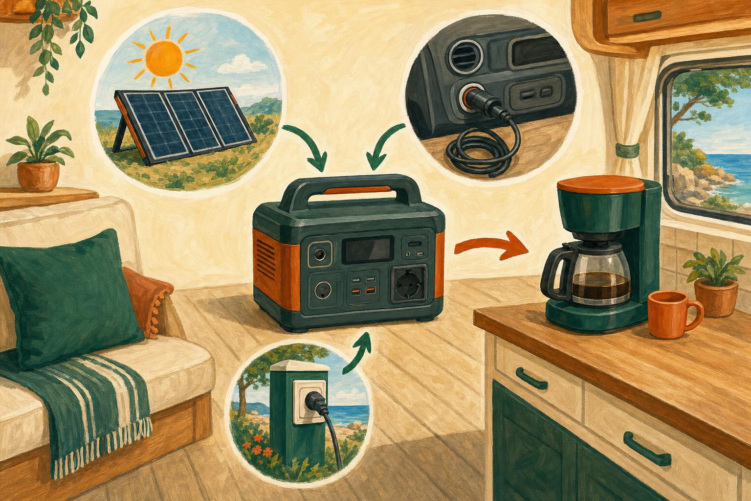 Schéma peint : une station électrique portable rechargée par trois sources — un panneau solaire, la prise 12 V du tableau de bord, et une borne 230 V — et alimentant une cafetière