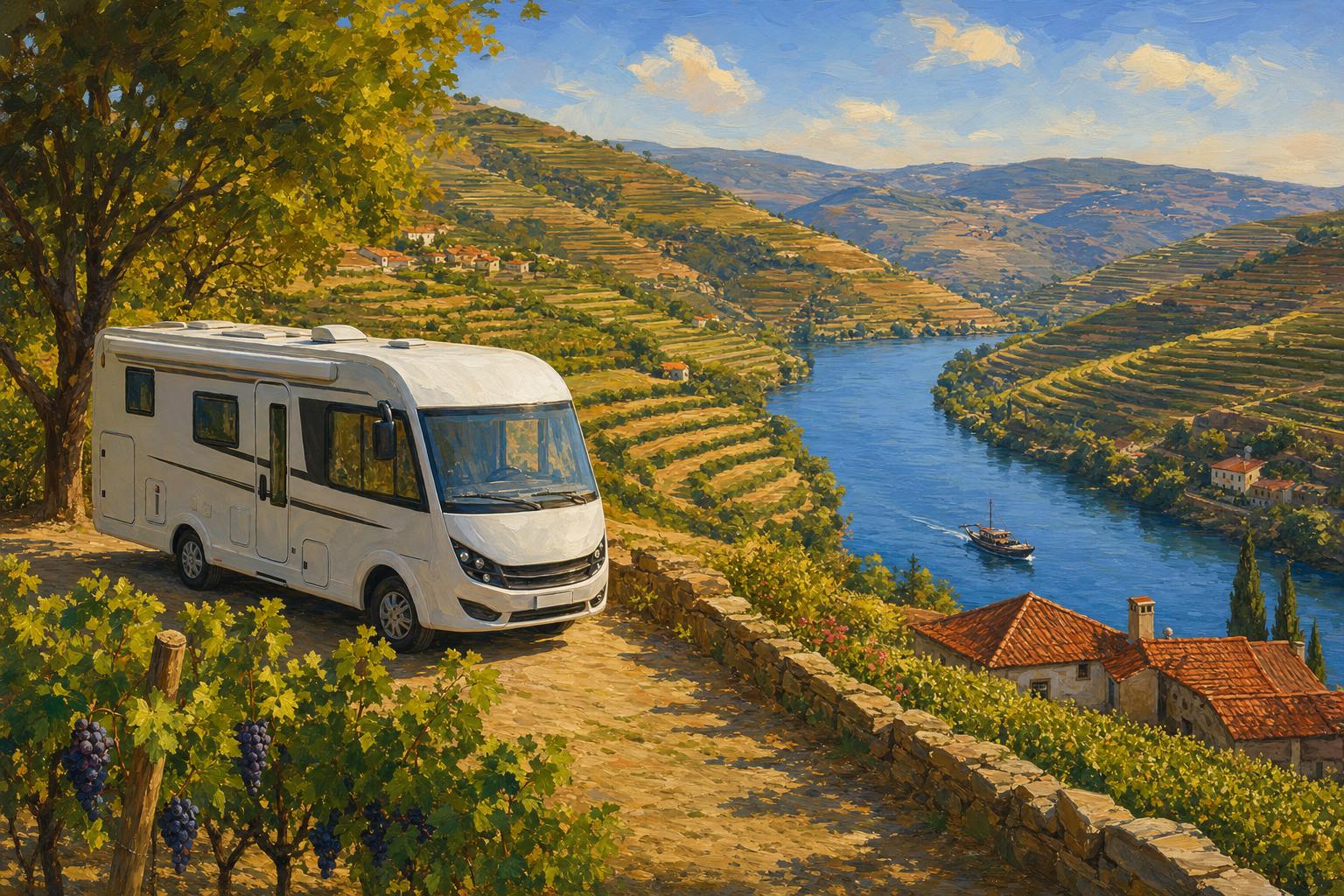 Illustration gouache d’un camping-car intégral français stationné à un belvédère sur la vallée du Douro, coteaux de vignobles en terrasses descendant vers la rivière où passe un bateau rabelo, quintas aux toits de tuiles rouges, lumière chaude de septembre